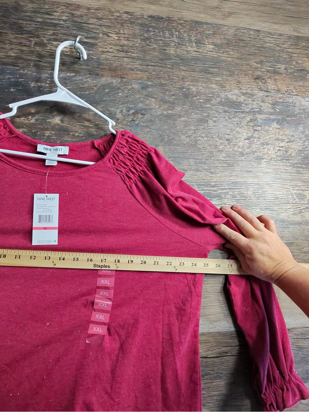 Nine West Raspberry Long-Sleeve Ruffle Shoulder Top - Picture 3 of 8